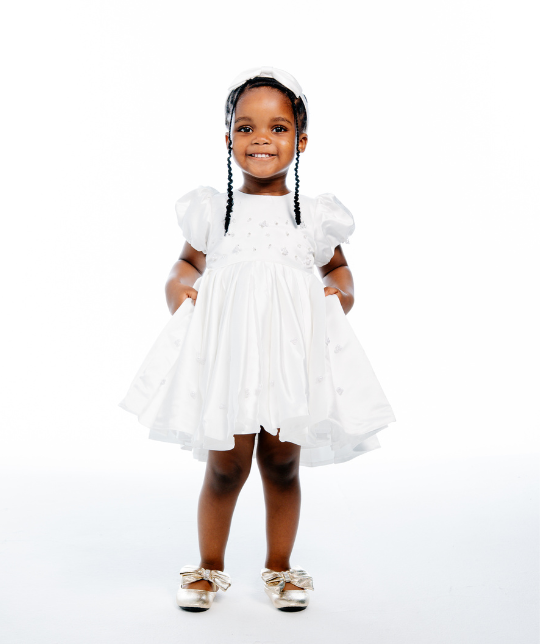White Satin Puff-Sleeve Princess Dress